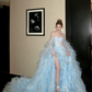 Wunderschönes glänzendes hellblaues trägerloses A-Linien-Tüll-Brautkleid, Ballkleid, Abendkleid DP6248