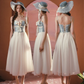 Vintage Dusty Blue & Ivory Bridesmaid Dress Spaghetti Strap Tulle Tea-Length Evening Gown DP7999