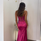 Robe de soirée longue fourreau en satin rose à col en cœur et perles, DP4535