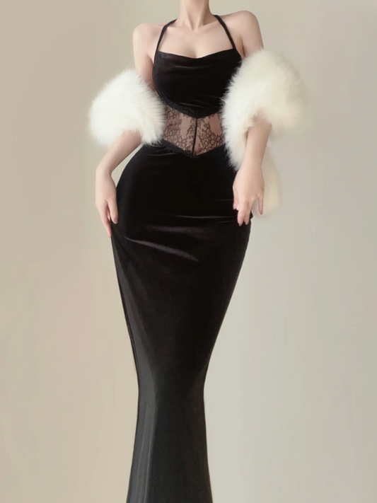 Sexy Black Backless Mermaid Velvet Long Evening Dress Birthday Outfits, DP5386