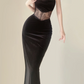 Sexy schwarzes rückenfreies Meerjungfrau-Samt-Abendkleid mit langem Ärmel, Geburtstags-Outfits, DP5386