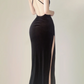 Sexy schwarzes rückenfreies Meerjungfrau-Samt-Abendkleid mit langem Ärmel, Geburtstags-Outfits, DP5386