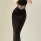 Sexy schwarzes rückenfreies Meerjungfrau-Samt-Abendkleid mit langem Ärmel, Geburtstags-Outfits, DP5386