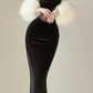 Sexy schwarzes rückenfreies Meerjungfrau-Samt-Abendkleid mit langem Ärmel, Geburtstags-Outfits, DP5386