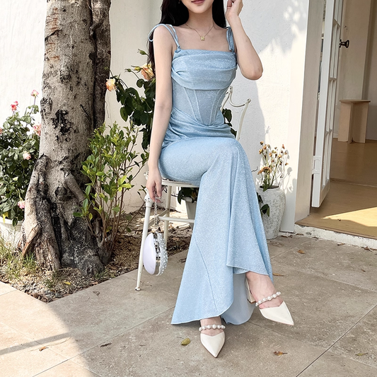 Vintage Glänzendes Hellblaues Spaghettiträger Meerjungfrau Langes Sommerkleid Ballkleid Abendkleid DP6398