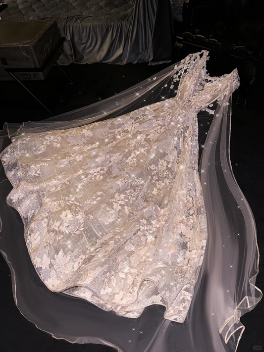 Glamorous Champagne Floral Lace Glittering Tulle Cape V-Neck Evening Gown DP7333