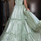 Elegant Shiny Tiered V-Neck Spaghetti Straps Evening Gown Prom Dress DP8163