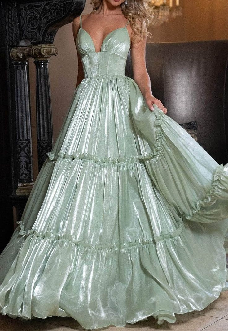 Elegant Shiny Tiered V-Neck Spaghetti Straps Evening Gown Prom Dress DP8163