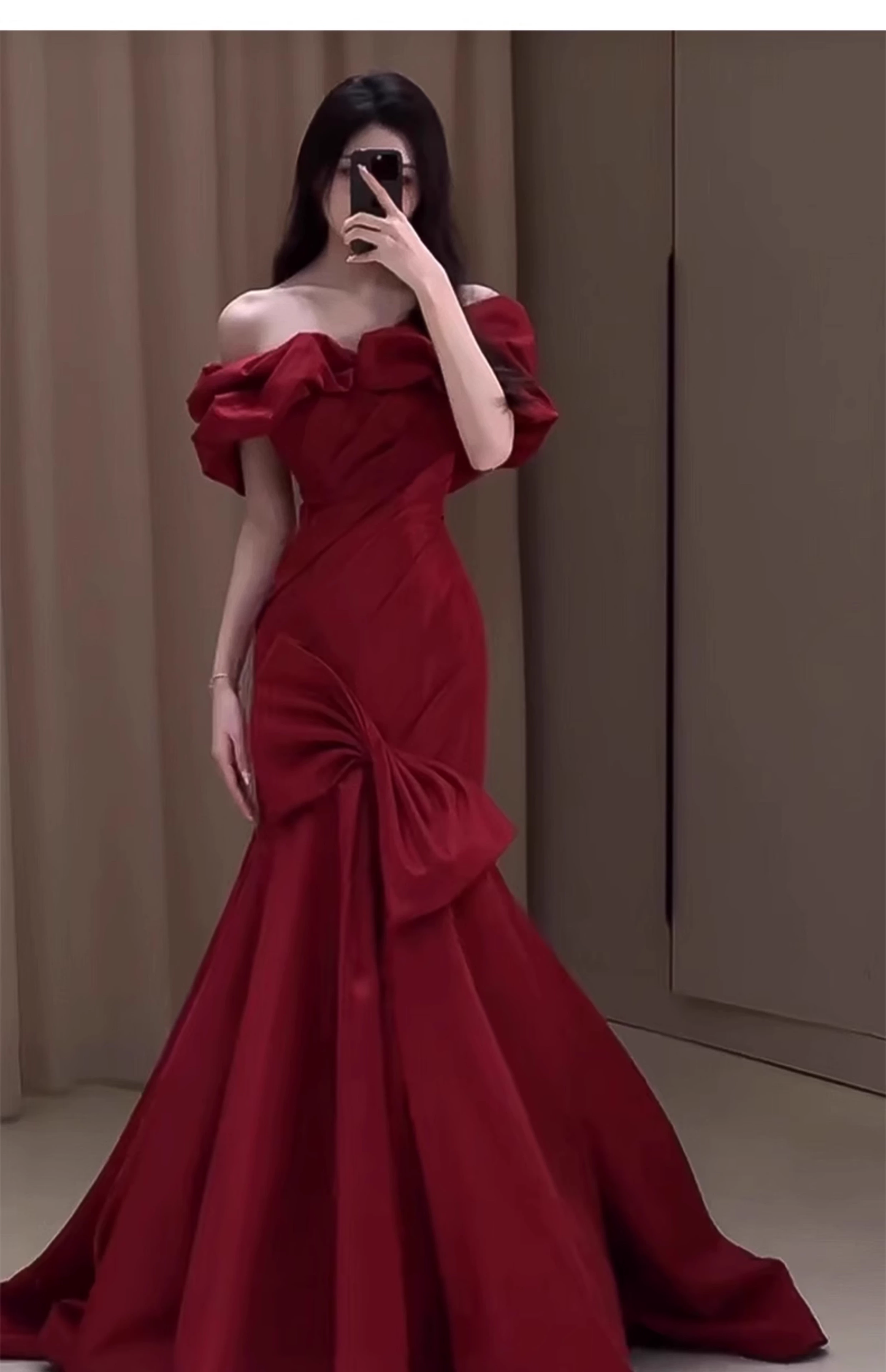 Elegant Burgundy Off-Shoulder Ruffled Neckline Mermaid Dramatic Bow  Evening Gown DP7216