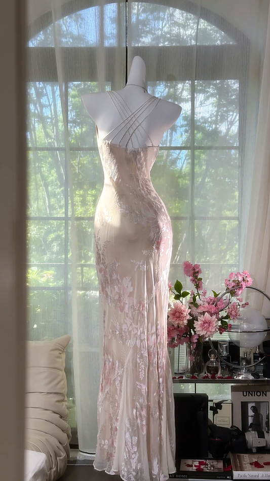 Elegant Light Pink Floral Applique Romantic Chiffon Evening Dress Prom Dresses DP6144