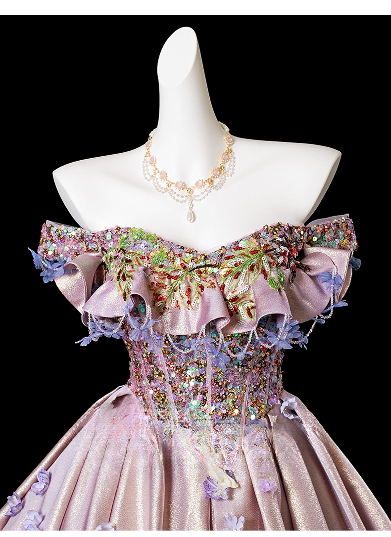 Elegant Pink Sequin Satin Prom Dress A-Line 3D Flowers Evening Gown Off-the-shoulder Party Dress Long Formal Dress DP6931