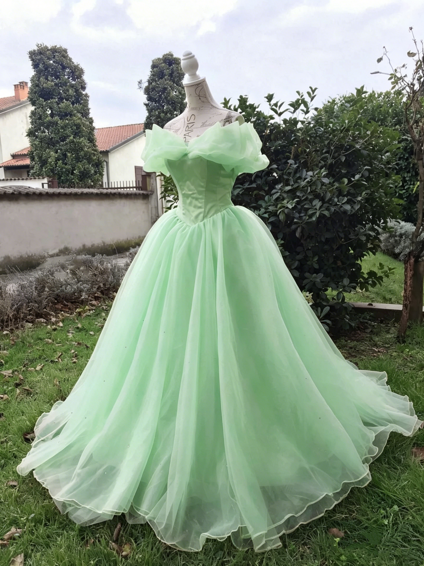 Vintage Off-the-Shoulder Soft Yellow Tulle Ball Gown Cinderella Princess Prom Dress DS4380