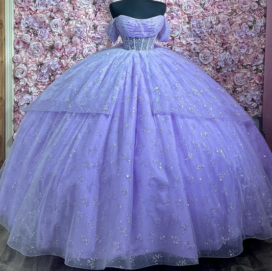 Lilac Off Shoulder Sequins Tulle Quncenera Dress Sweet 16 Birthday Ball Gown, DP3355