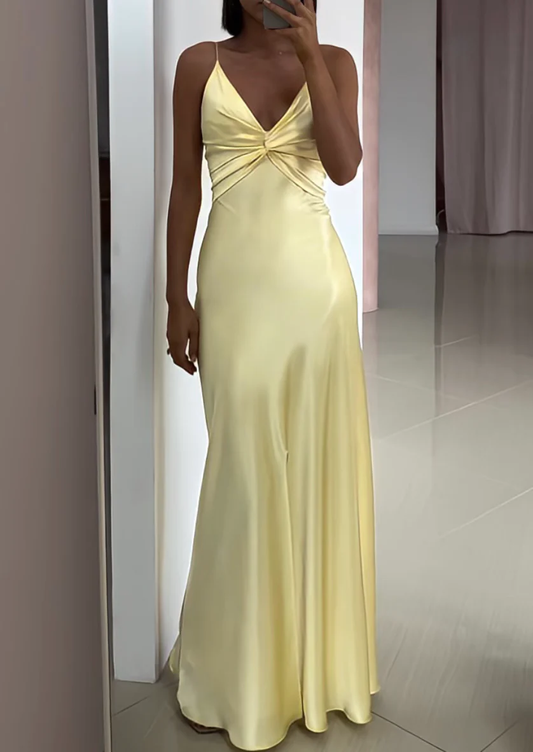 Light Yellow V Neck Straps Long Party Dress Wedding Guest Dress, DP2791