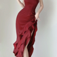 Sexy Burgunderrot Neckholder Meerjungfrau Rüschen Langes Abendkleid Geburtstags-Outfits, DP5387