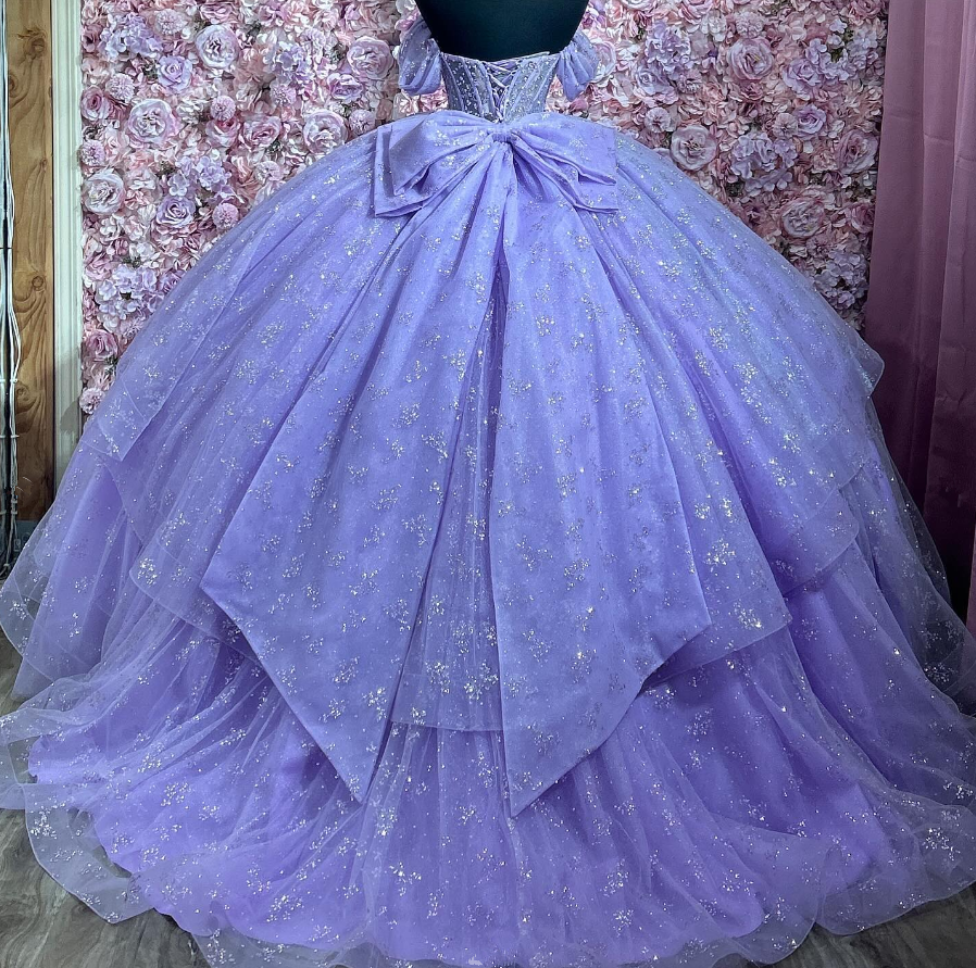 Lilac Off Shoulder Sequins Tulle Quncenera Dress Sweet 16 Birthday Ball Gown, DP3355