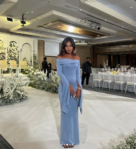 Dusty Blue Off Shoulder Long Sleeves Mermaid Long Party Dress, DP3563