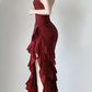 Sexy Burgunderrot Neckholder Meerjungfrau Rüschen Langes Abendkleid Geburtstags-Outfits, DP5387