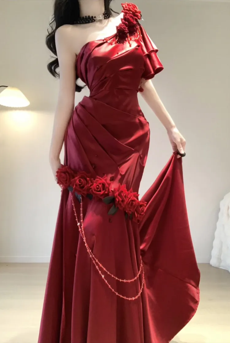 Red Rose One Shoulder Mermaid Long Party Dress Birthday Dress, DP3076