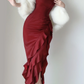 Sexy Burgunderrot Neckholder Meerjungfrau Rüschen Langes Abendkleid Geburtstags-Outfits, DP5387