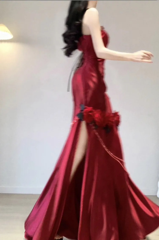 Red Rose One Shoulder Mermaid Long Party Dress Birthday Dress, DP3076