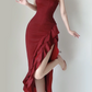 Sexy Burgunderrot Neckholder Meerjungfrau Rüschen Langes Abendkleid Geburtstags-Outfits, DP5387