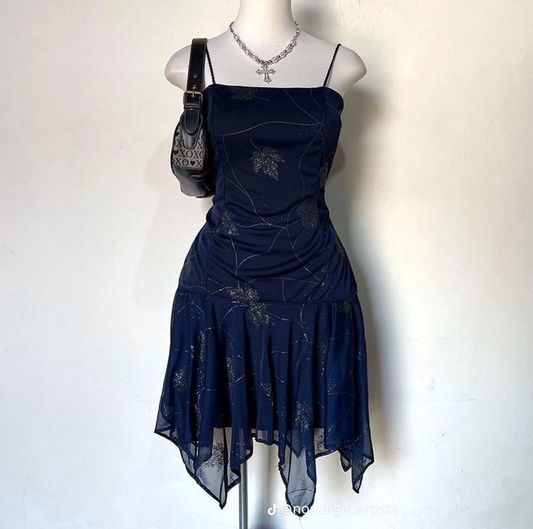 Vintage Spaghetti Straps Party Dress Navy Blue Short Party Dress, DP3619