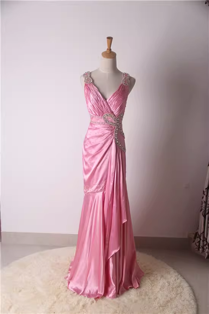 Robe de bal sirène rose fuchsia glamour en satin perlé et froncée DP7622