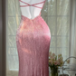 Glamorous Pink Butterfly Beaded Strappy Maxi High Slit Evening Dress Prom Dress DP8121