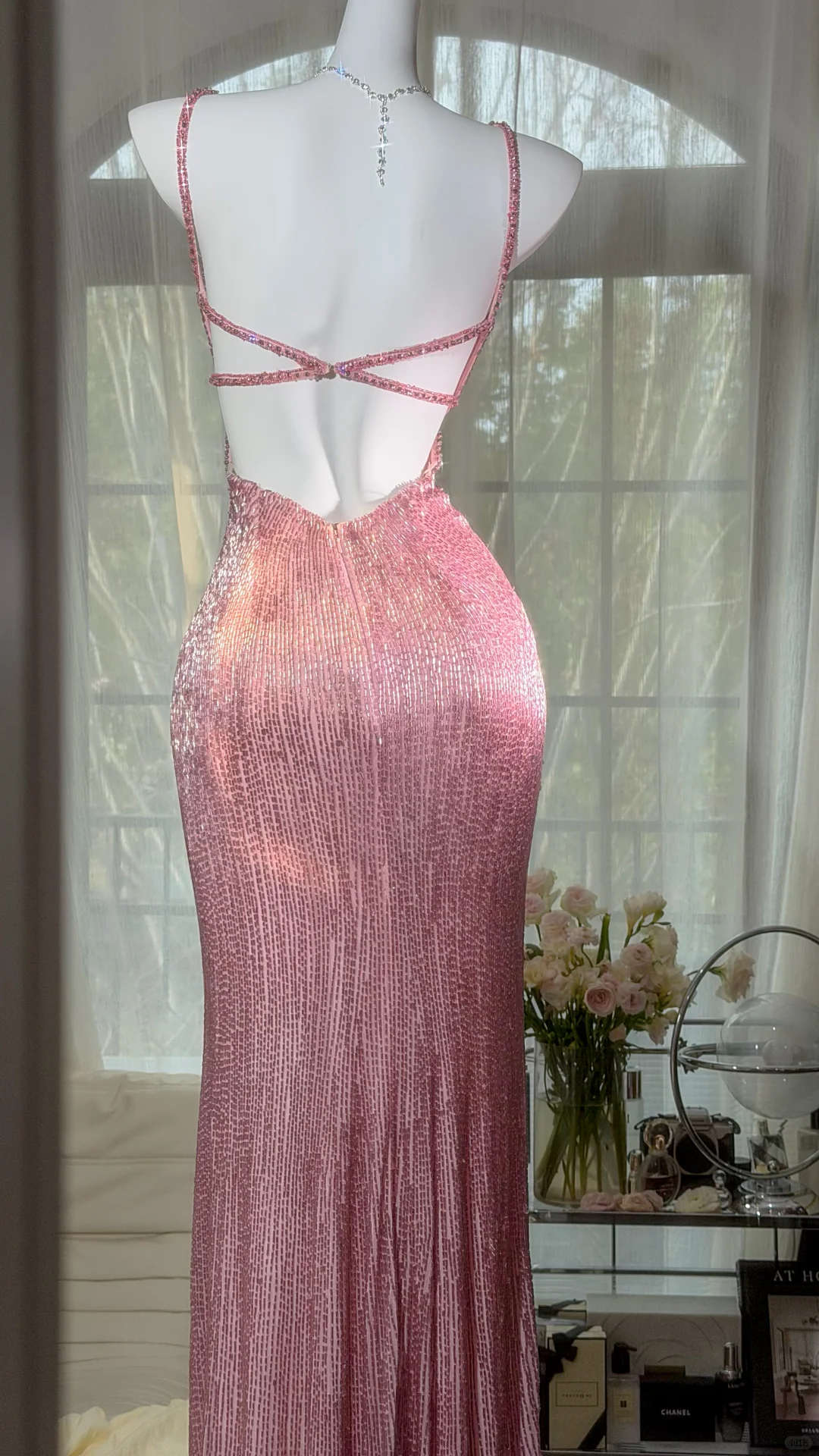 Glamorous Pink Butterfly Beaded Strappy Maxi High Slit Evening Dress Prom Dress DP8121