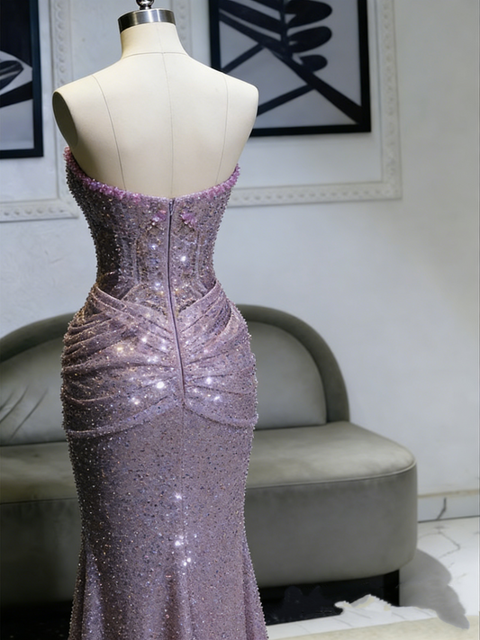 Glamorous Mauve Sequin Mermaid Gown Strapless High Slit Prom Dress DP8046