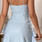Vintage Light Blue Sequin Cowl Neck Spaghetti Strap Ruffle Ruched Homecoming Dress DP8679