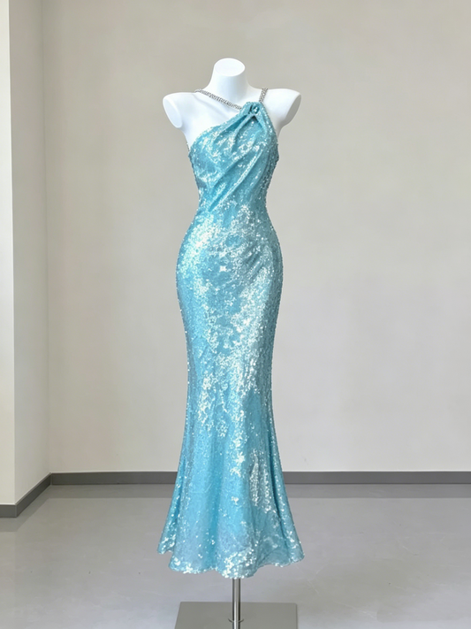 Turquoise Sequin Spaghetti Strap Mermaid Beaded Prom Dress  DP3791