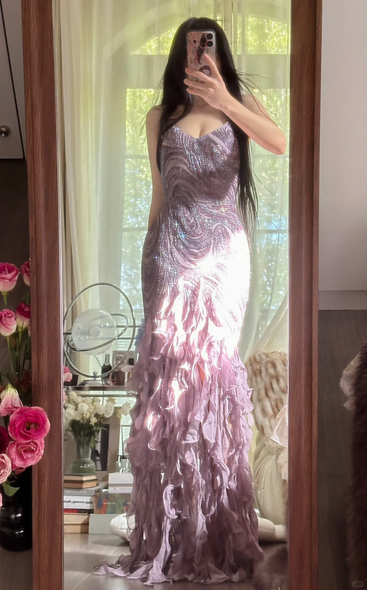 Vintage Purple Sparkling Strapless Design Elegant Chiffon Evening Dress Prom Dresses DP5996