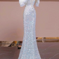 Robe de bal sirène élégante à sequins argentés, épaules dénudées, volants DP7098