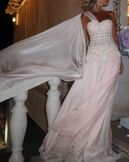 Unique Pink Applique Beaded Prom Dress Sheath Pleated Evening Gown One-shoulder Party Dress Floor-length Formal Dress DP6880