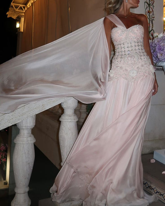 Unique Pink Applique Beaded Prom Dress Sheath Pleated Evening Gown One-shoulder Party Dress Floor-length Formal Dress DP6880