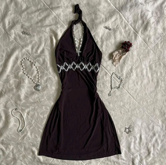 Vintage Halter Appliques Evening Dress Brown Short Party Dress, DP3620