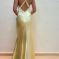 Light Yellow V Neck Mermaid Satin Long Party Dress Wedding Guest Dress, DP3697