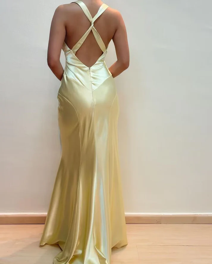 Light Yellow V Neck Mermaid Satin Long Party Dress Wedding Guest Dress, DP3697