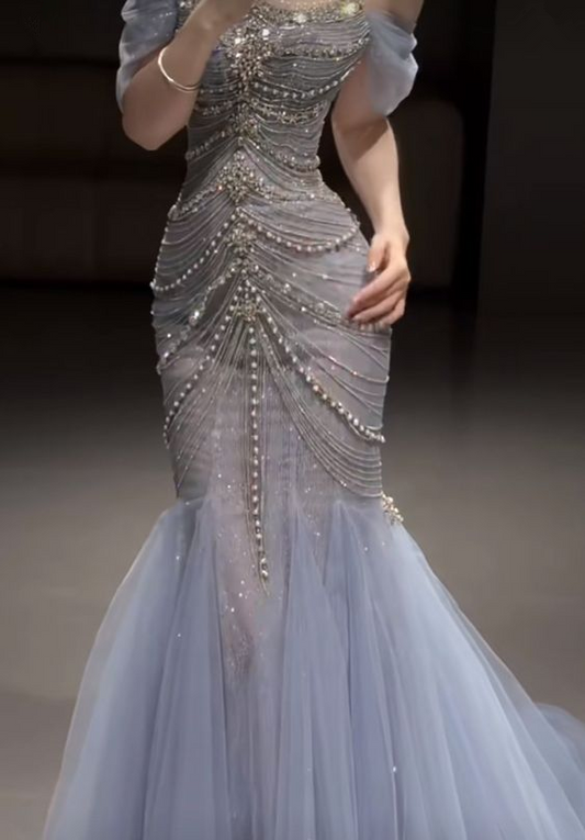 Light Blue Off Shoulder Beading Gorgeous Mermaid Long Prom Dress, DP3077