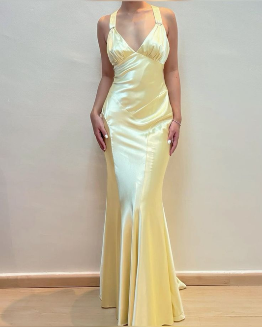 Light Yellow V Neck Mermaid Satin Long Party Dress Wedding Guest Dress, DP3697