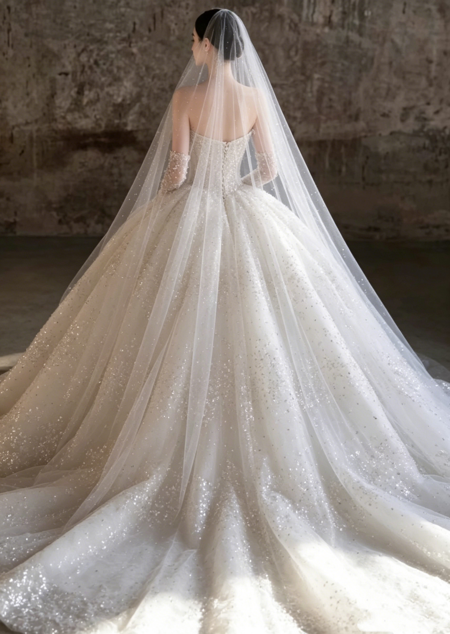 Romantic Sweetheart Strapless Beaded Detachable Long Mesh Sleeves Chapel Train A-Line Wedding Dress DP8628
