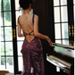 Sparkling Purple Sequin V-Neck Gown Spaghetti Straps & Slit Prom Dress DP7975