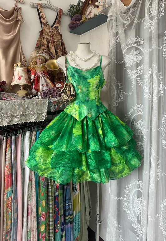 Vintage Grün Exquisites Batik-Design A-Linie Kurzes Stufenkleid Homecoming Partykleid DP6211