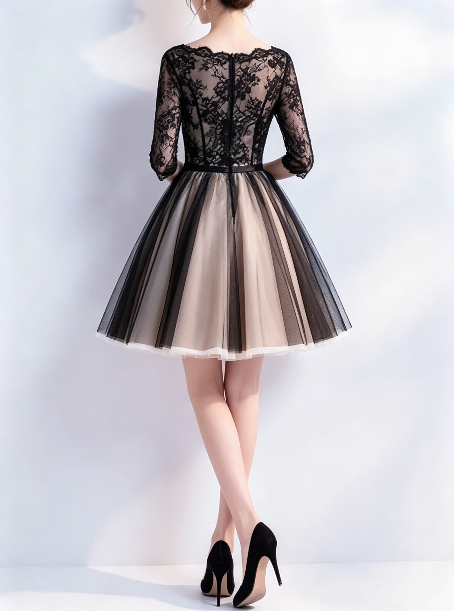 Romantic Lace V-Neck 3/4 Sleeve Short Tulle A-Line Cocktail Party Gown Homecoming Dress DP8800