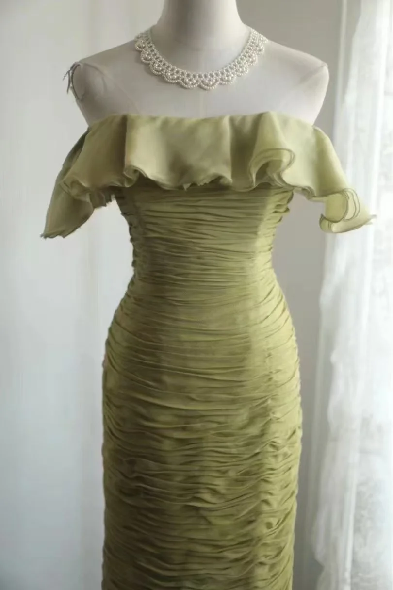 Glamorous Olive Green Off-the-Shoulder Ruched Gown with Ruffled Neckline Prom Dress DP7662