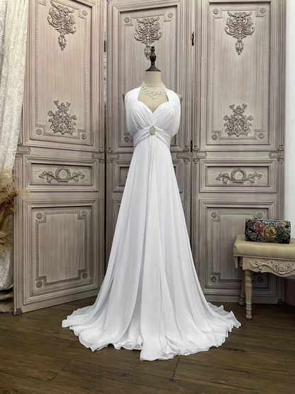 Elegant White Halter-Neck Ruched Bodice Chiffon Train Wedding Dress DP7619