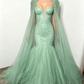 Luxury Beaded Mermaid Cape Evening Dress Tulle Formal Gown Prom Dress DS9575