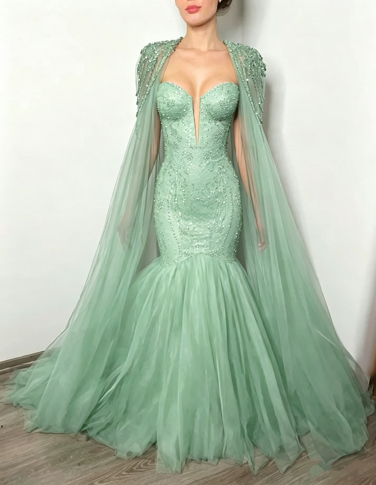Luxury Beaded Mermaid Cape Evening Dress Tulle Formal Gown Prom Dress DS9575